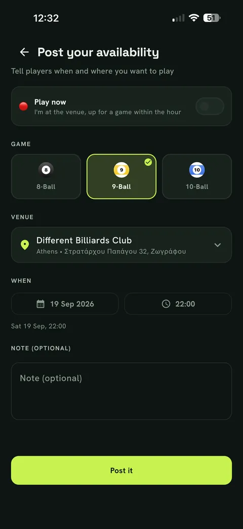 Post your availability screen: pick 8-ball, 9-ball or 10-ball, a venue, a date and a time.