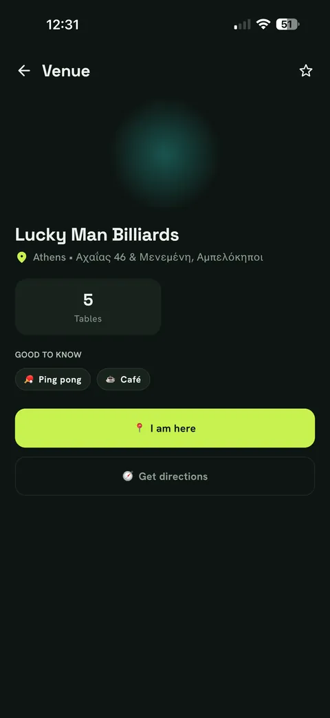 A venue page showing its address, number of tables and amenities, with buttons to check in or get directions.