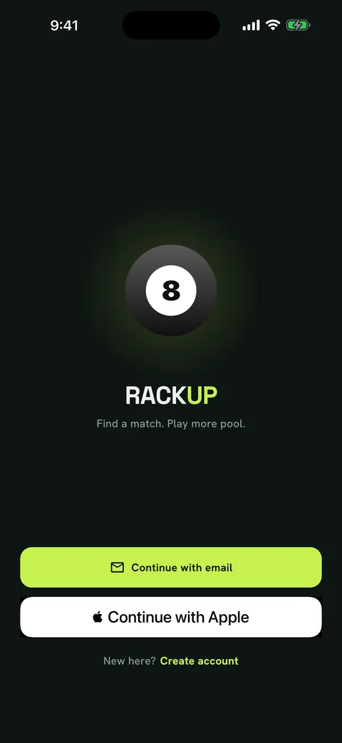 RackUp welcome screen with an 8-ball logo and buttons to continue with email or with Apple.